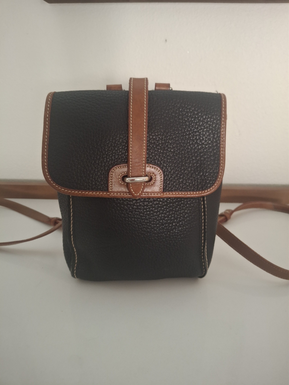 Vintage Dooney & Bourke Black Pebbled Leather Backpack with Brown Trim